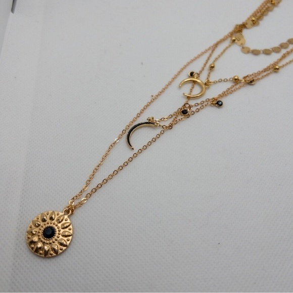 Boho Multi Layer Moon Pendant Gold Tone Necklace Festival Astrology Contemporary - Picture 8 of 9